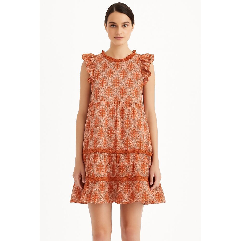 Staccato Rust Orange Floral Ruffle Sleeve Tiered Dress Size M